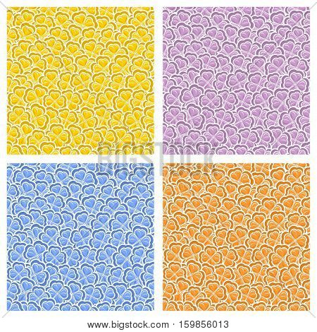 Vector Seamless Pattern colorful Clover for St Patrick's and Valentine's Day, yellow Shamrock wrapping paper, ornament clover leaf foliage, blue seamless pattern, hearts in shamrock petals