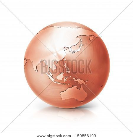 copper globe 3D illustration asia and australia map on white background