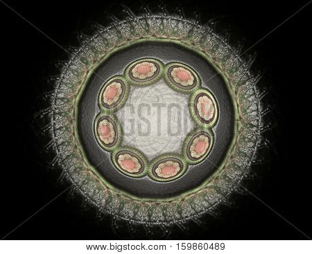 Particles of abstract fractal forms on the subject of nuclear physics science and graphic design. Geometry sacred futuristic quantum digital hologram texture in development wave surreal design.