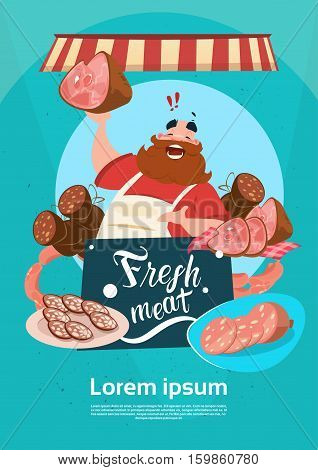Farmer Sell Pork Meat Products On Eco Farm Organic Market Flat Vector Illustration