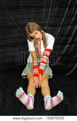 naughty girl with gloves on his feet