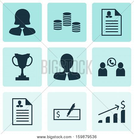 Set Of 9 Human Resources Icons. Can Be Used For Web, Mobile, UI And Infographic Design. Includes Elements Such As Profile, Check, Career And More.