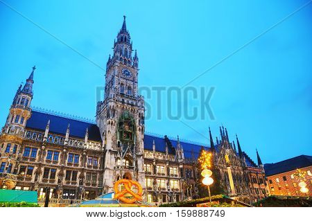 Overview of Marienplatz in Munich Germany at sunrise