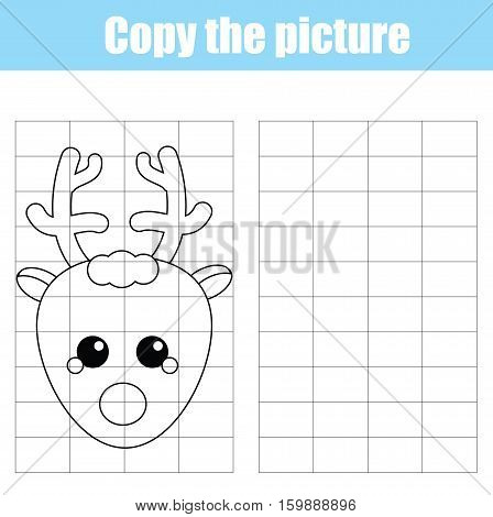 Copy the picture using a grid children educational drawing game. Printable drawing kids activity worksheet. Copy the deer. Christmas winter holidays animals theme