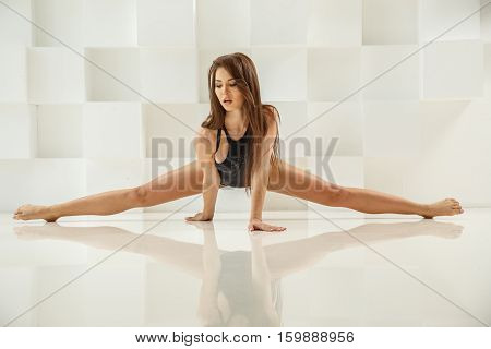 Beautiful Sexy Brunette Posing In Swimsuit On White Background