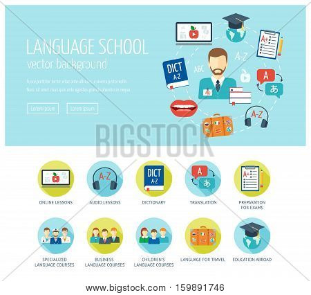 Foreign language learning web design concept for website and landing page. Foreign language school and courses. Web banner. Flat design. Vector illustration