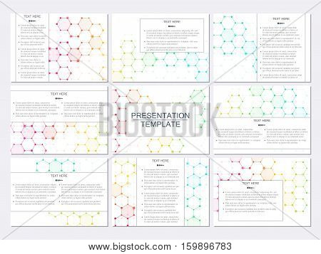 Set of modern business presentation templates in A4 size. Abstract background with molecule structure DNA and neurons. Medicine, science, technology concept. Scalable vector graphics