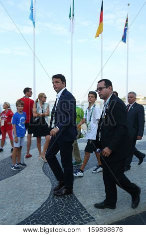 RIO DE JANEIRO, BRAZIL - AUGUST 6, 2016: Italian Prime  Minister Matteo Renzi attends Rio 2016 Olympics men's road race at Copacabana Beach in Rio de Janeiro