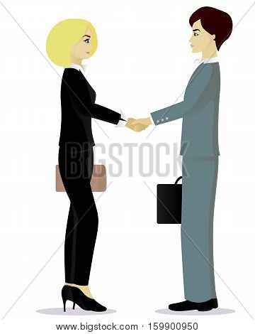 Businessman and businesswoman shake hands vector illustration isolated on white