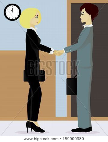 Businessman and businesswoman shake hands in hall vector illustration