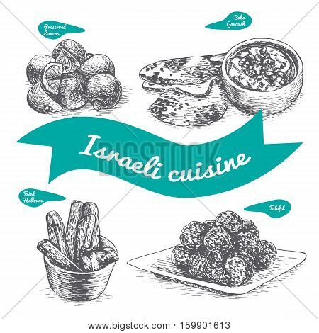Monochrome vector illustration of israeli cuisine and cooking traditions