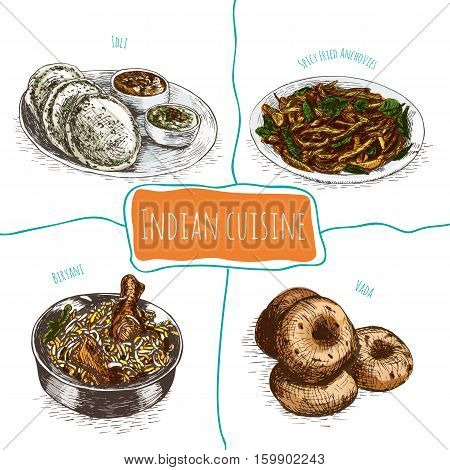 Menu of Indian colorful illustration. Vector illustration of indian cuisine.