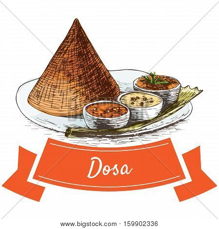 Dosa colorful illustration. Vector illustration of Indian cuisine.