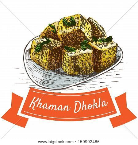 Khaman Dhokla colorful illustration. Vector illustration of Indian cuisine.