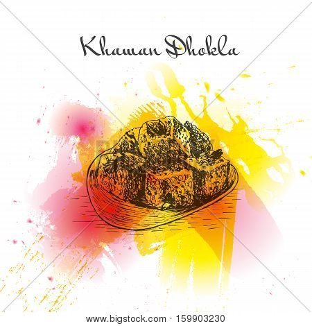 Khaman Dhokla watercolor effect illustration. Vector illustration of Indian cuisine.