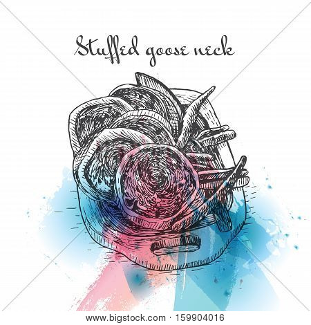 Stuffed goose or chicken neck watercolor effect illustration. Vector illustration of Israeli cuisine