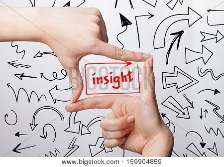 Technology, Internet, Business And Marketing. Young Business Woman Writing Word: Insight