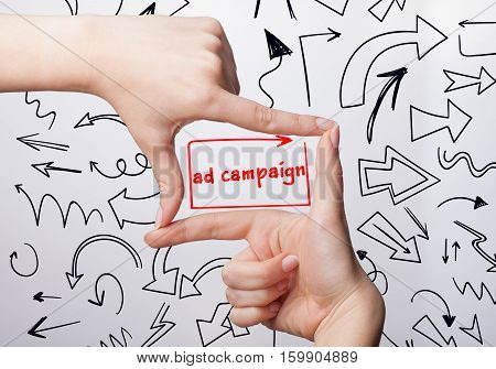 Technology, Internet, Business And Marketing. Young Business Woman Writing Word: Ad Campaign