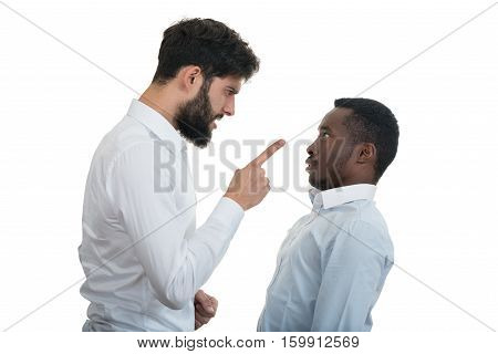 Closeup portrait of two grown mad men arguing, isolated on white background. Negative emotion facial expression feelings, attitude, reaction. Conflict