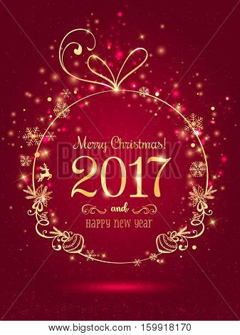 Gold Christmas ball for Merry Christmas 2017 and New Year on blue background with light stars snowflakes. Holiday card. Vector eps illustration