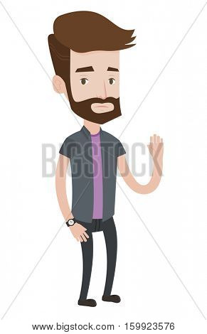 Caucasian hipster bankrupt businessman with the beard asking for help. Depressed caucasian bankrupt businessman waving. Bankruptcy concept. Vector flat design illustration isolated on white background