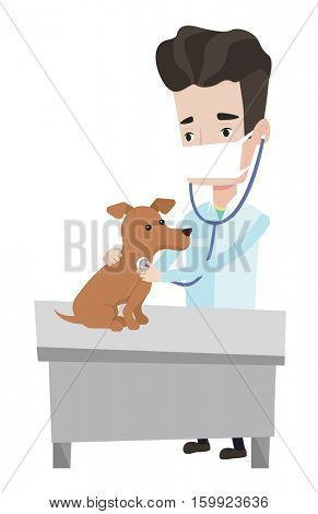Young male veterinarian examining dog in hospital. Veterinarian checking heartbeat of a dog. Caucasian veterinarian using stethoscope. Vector flat design illustration isolated on white background.