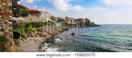 SOZOPOL BULGARIA SEPTEMBER 03 2014: Seaside resort of Sozopol in Bulgaria. Old town Sozopol was founded in the 7th century BC by Greek colonists on the Black sea coast. Panoramic shot.