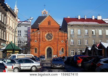 POLAND KRAKOW - DECEMBER 31 2014: Neogothic church of Sts. Vincent de Paul in Krakow. Church was built according to the designs of Philip Pokutynski in the years 1875 - 1877 referring to the models of Italian trecento.