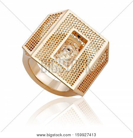 Gold ring in a fashion style. Women's jewelry. Best Christmas gift for a woman.