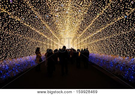 The tunnel of light in Nabana no Sato garden at night in winter Nagano Japan