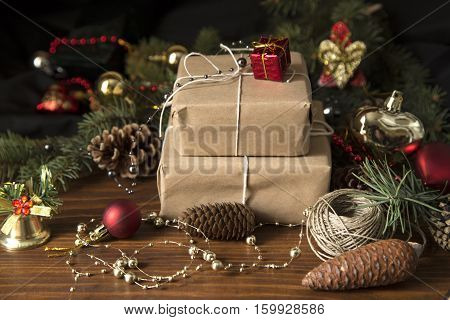 Vintage Christmas decoration with the wrapped presents
