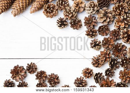 Pine cones on a white wooden background