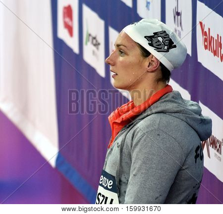 Hong Kong China - Oct 29 2016. Olympic world and European champion World record holder swimmer Katinka HOSSZU (HUN) at the Victory Ceremony of Women's Freestyle 200m. FINA Swimming World Cup.