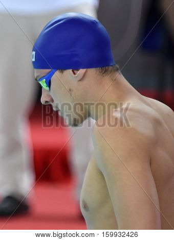 Hong Kong China - Oct 29 2016. Australian olympian world champion and record holder Mitch LARKIN (AUS) before the Men's Backstroke 100m Final. FINA Swimming World Cup Victoria Park Swimming Pool.