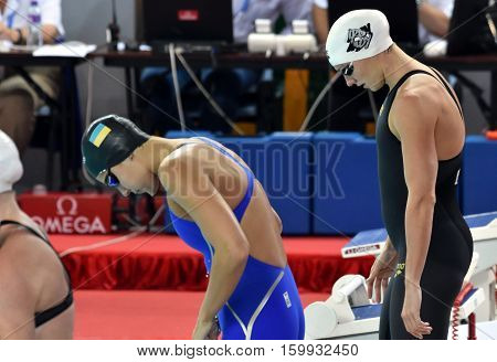 Hong Kong China - Oct 29 2016. Katinka HOSSZU (HUN) and ZEVINA Daryna (UKR) before the Women's Backstroke 50m Final. FINA Swimming World Cup Victoria Park Swimming Pool.