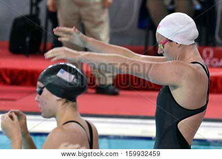 Hong Kong China - Oct 29 2016. Emily SEEBOHM (AUS) and NORDMANN Lucie (USA) before the Women's Backstroke 50m Final. FINA Swimming World Cup Victoria Park Swimming Pool.