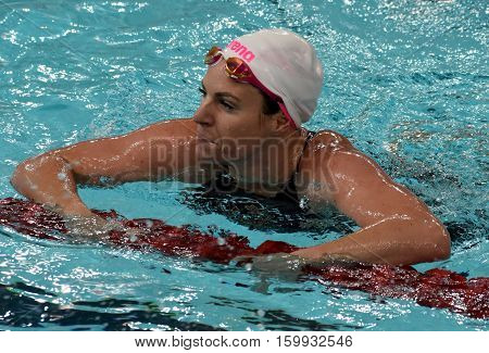 Hong Kong China - Oct 29 2016. Emily SEEBOHM (AUS) after the Women's Backstroke 50m Final. FINA Swimming World Cup Victoria Park Swimming Pool.