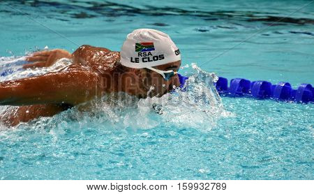 Hong Kong China - Oct 29 2016. Olympic and world champion swimmer LE CLOS Chad (RSA) swimming in the Men's Butterfly 200m Final. FINA Swimming World Cup Victoria Park Swimming Pool.
