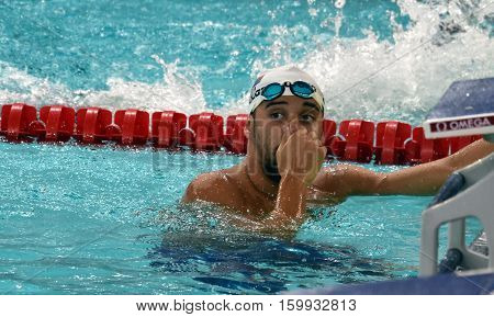 Hong Kong China - Oct 29 2016. Olympic and world champion swimmer LE CLOS Chad (RSA) after the Men's Butterfly 200m Final. FINA Swimming World Cup Victoria Park Swimming Pool.