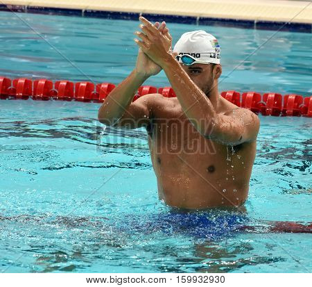 Hong Kong China - Oct 29 2016. Olympic and world champion swimmer LE CLOS Chad (RSA) after the Men's Butterfly 200m Final. FINA Swimming World Cup Victoria Park Swimming Pool.