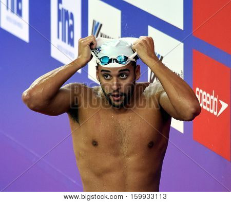 Hong Kong China - Oct 29 2016. Olympic and world champion swimmer LE CLOS Chad (RSA) after the Men's Butterfly 200m Final. FINA Swimming World Cup Victoria Park Swimming Pool.