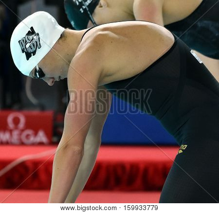 Hong Kong China - Oct 29 2016. Olympic world and European champion World record holder swimmer Katinka HOSSZU (HUN) at the start in Women's Individual Medley 200m Final. FINA Swimming World Cup.