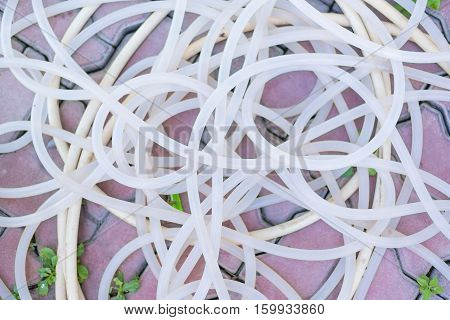 Old tangling rubber tube on flooring worm for gardening background