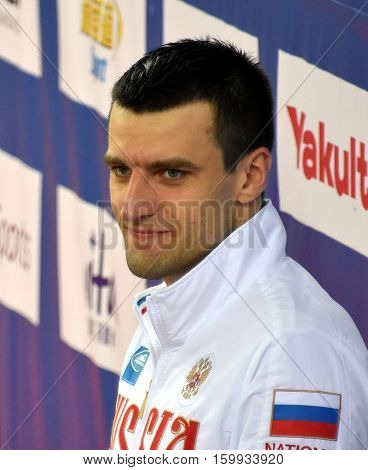 Hong Kong China - Oct 29 2016. The winner DONETC Stanislav (RUS) at the Victory Ceremony of Men's Backstroke 100m. FINA Swimming World Cup Victoria Park Swimming Pool.