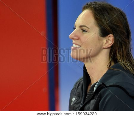 Hong Kong China - Oct 29 2016. Competitive swimmer SEEBOHM Emily (AUS) at the Victory Ceremony of the Women's Backstroke 50m. FINA Swimming World Cup Victoria Park Swimming Pool.
