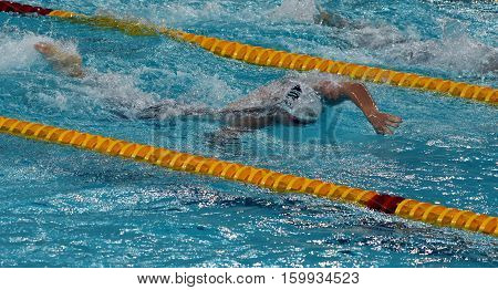 Hong Kong China - Oct 29 2016. Olympian and World Youth gold medalist Peter BERNEK (HUN) swimming in the Men's Freestyle 200m Final. FINA Swimming World Cup Victoria Park Swimming Pool.