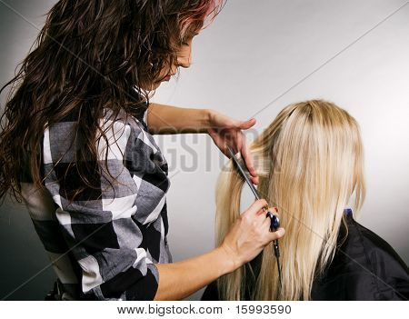 parrucchiere lavorando con il cliente. Studio girato su sfondo grigio