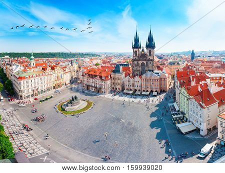 Kostel Panny Marie pred Tynem. Church of the Virgin Mary. Old Town Square in Prague with Tyn church from Clock Tower.