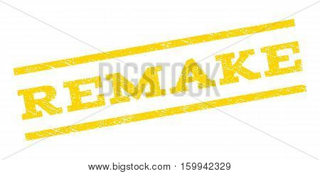 Remake watermark stamp. Text tag between parallel lines with grunge design style. Rubber seal stamp with unclean texture. Vector yellow color ink imprint on a white background.