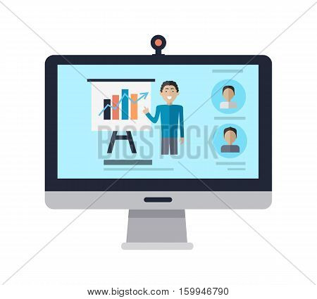 Computer display with manager standing near presentation screen. Profile userpics in left corner. Editable items in flat style. Part of series of accessories for work in office. Vector illustration